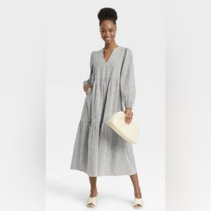 A New Day Size S gray striped midi dress seer sucker puff sleeves